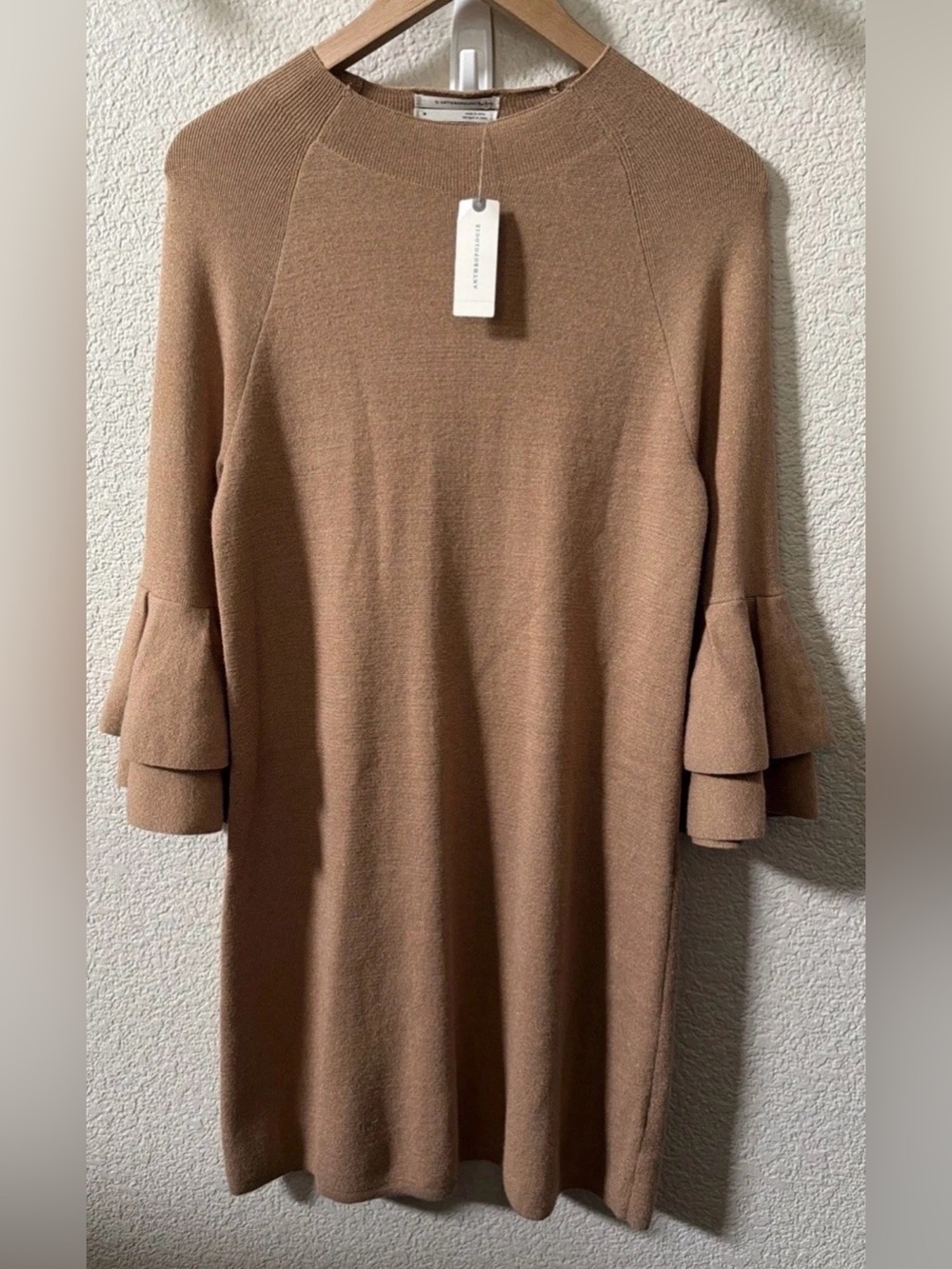 Anthropologie (M) Claudette Ruffled Belle Mini Sweater Dress Honey Miel Shimmer